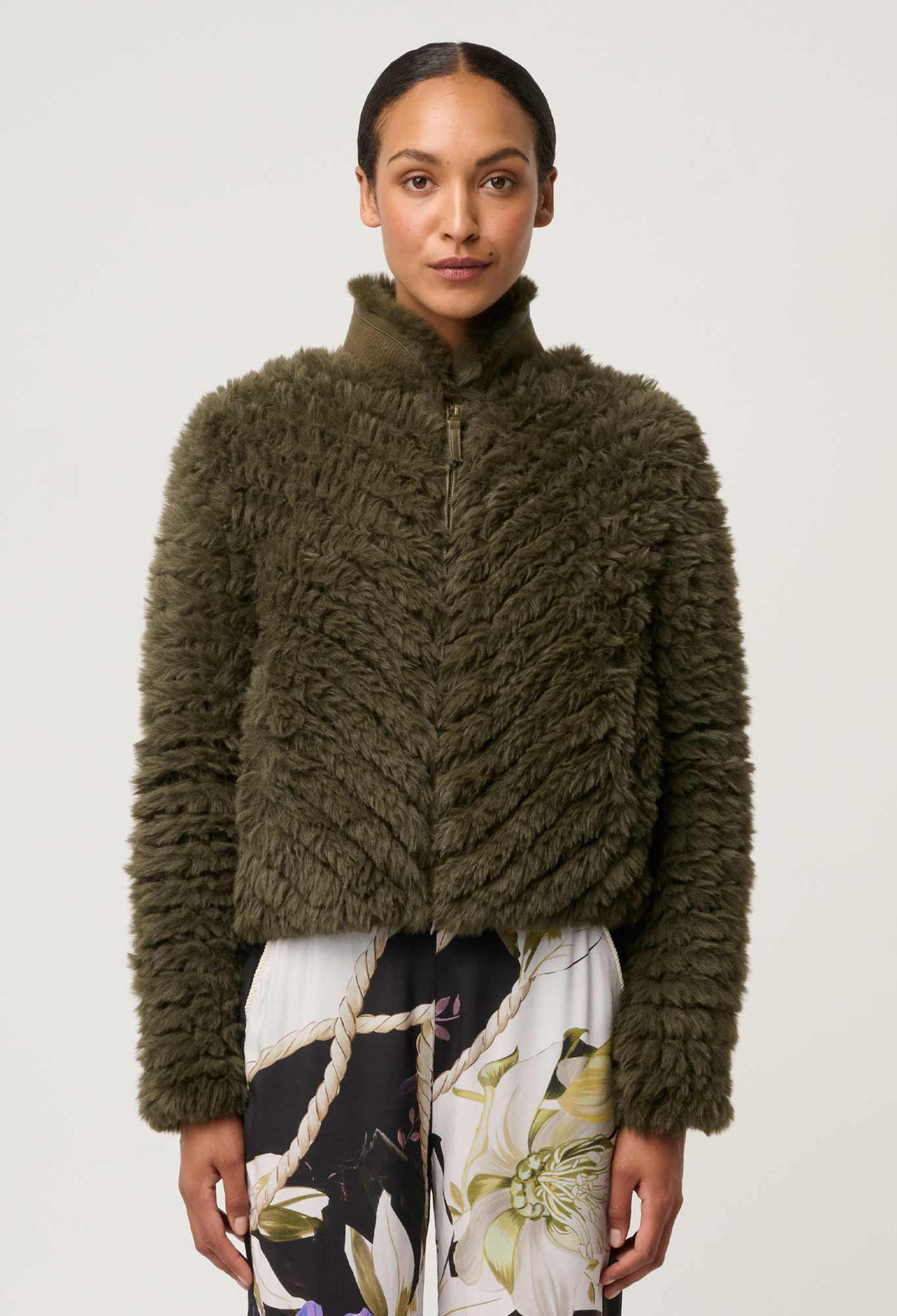 Sybil Chevron Faux Fur Bomber in Moss