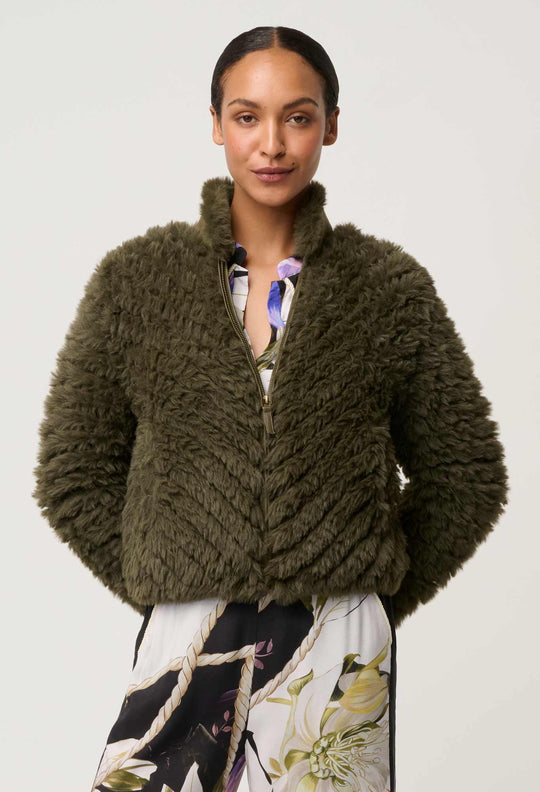 Sybil Chevron Faux Fur Bomber in Moss
