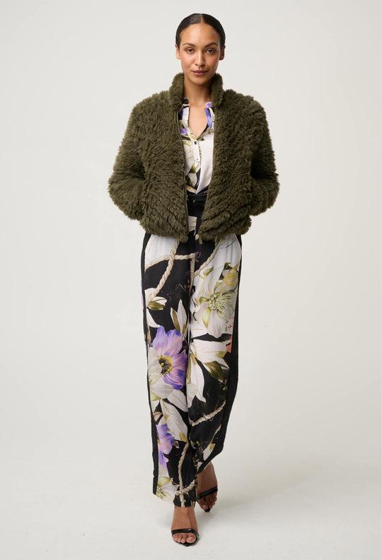 Sybil Chevron Faux Fur Bomber in Moss