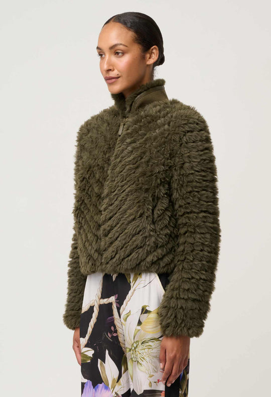 Sybil Chevron Faux Fur Bomber in Moss