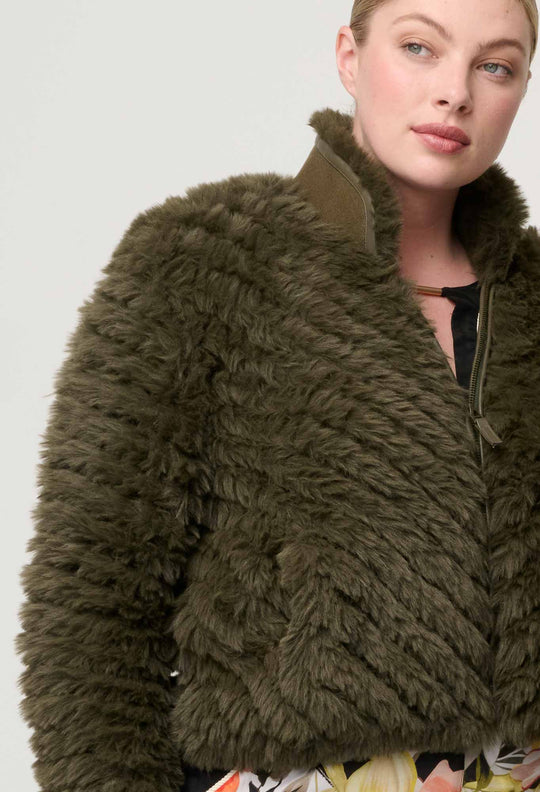 Sybil Chevron Faux Fur Bomber in Moss