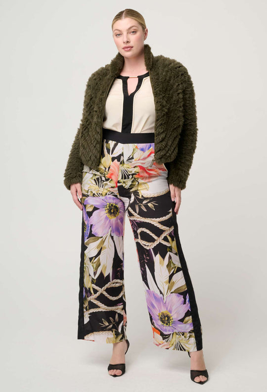 Sybil Chevron Faux Fur Bomber in Moss