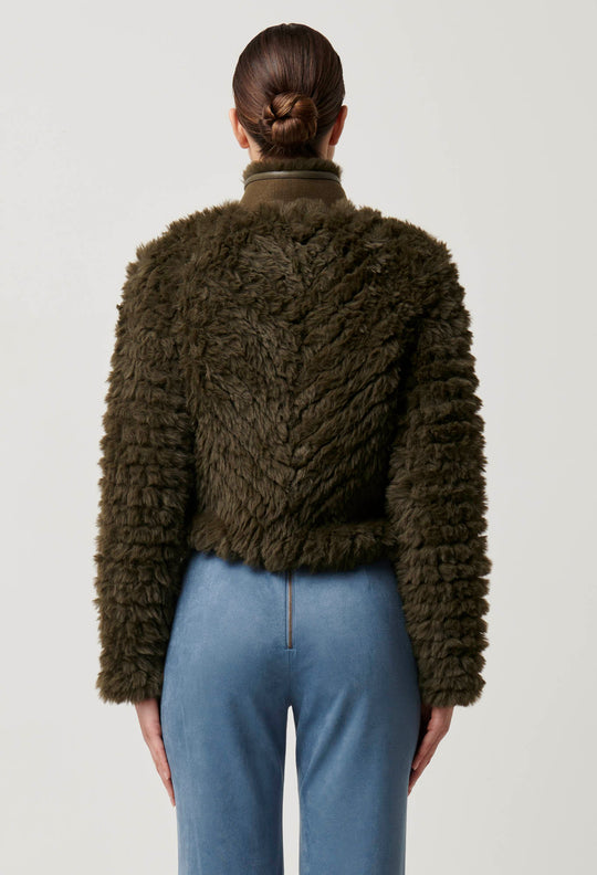 OnceWas Sybil Chevron Faux Fur Bomber in Moss