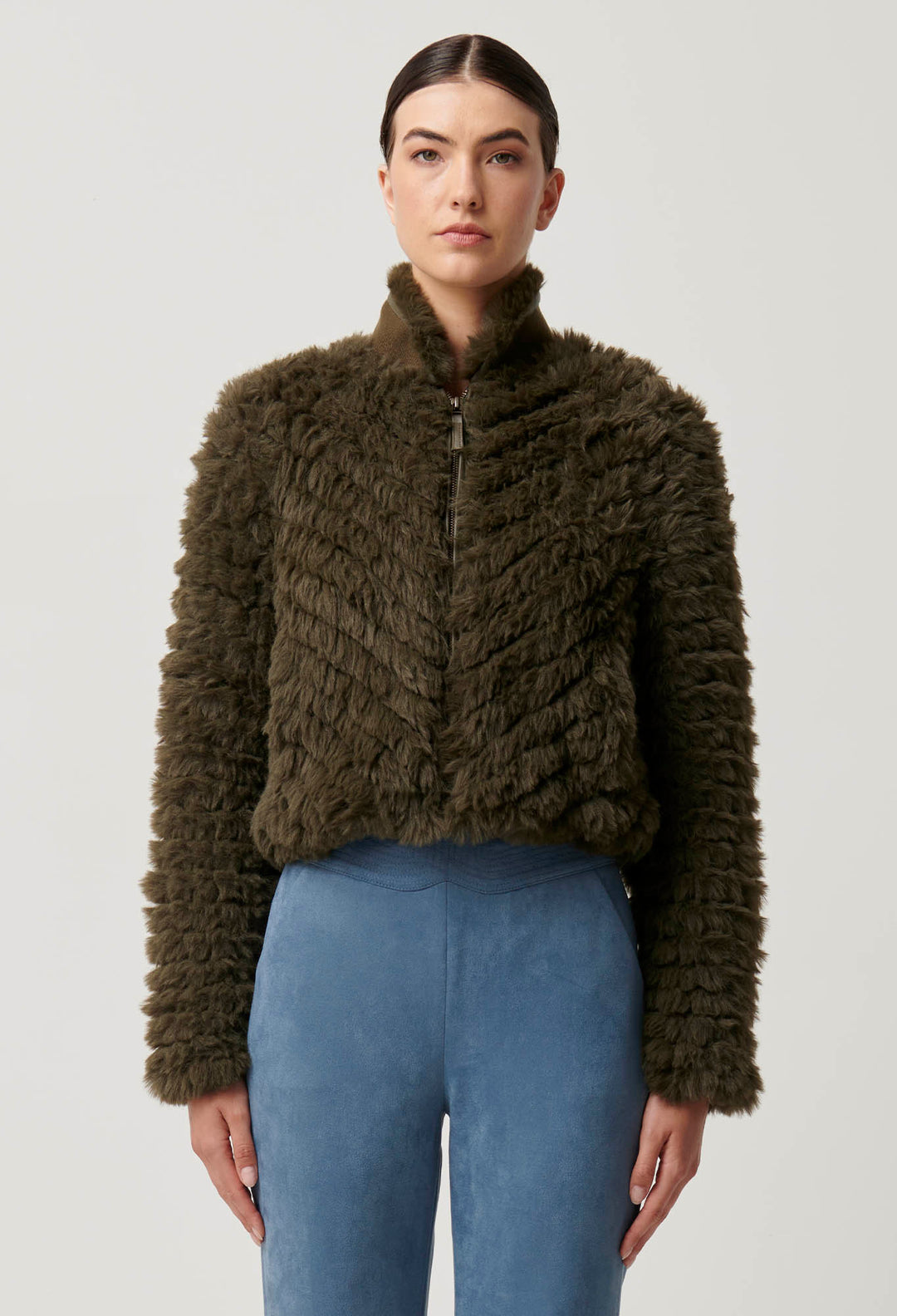 OnceWas Sybil Chevron Faux Fur Bomber in Moss