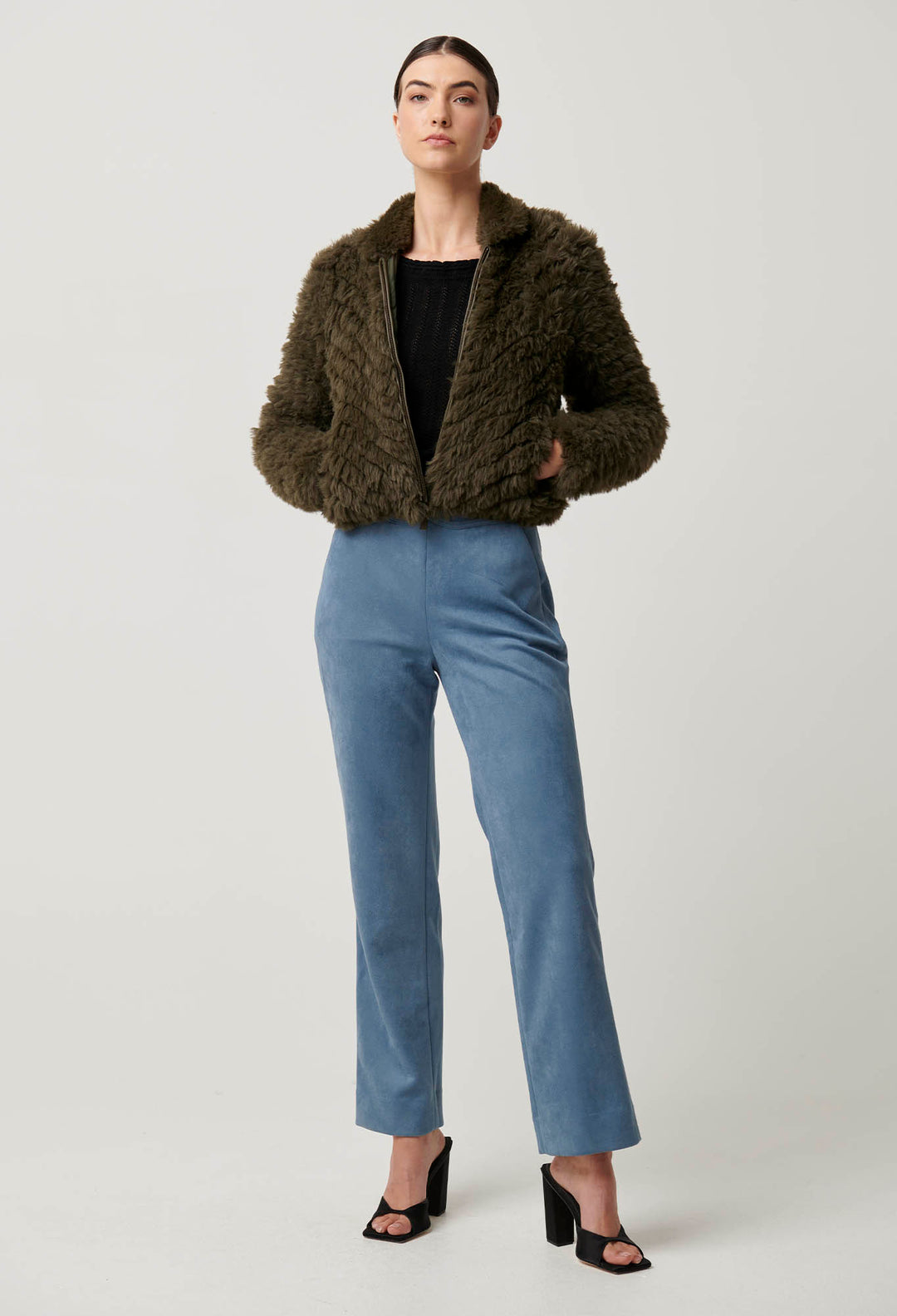 OnceWas Sybil Chevron Faux Fur Bomber in Moss