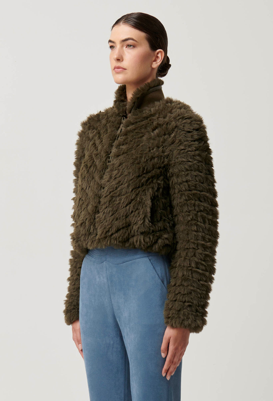 OnceWas Sybil Chevron Faux Fur Bomber in Moss