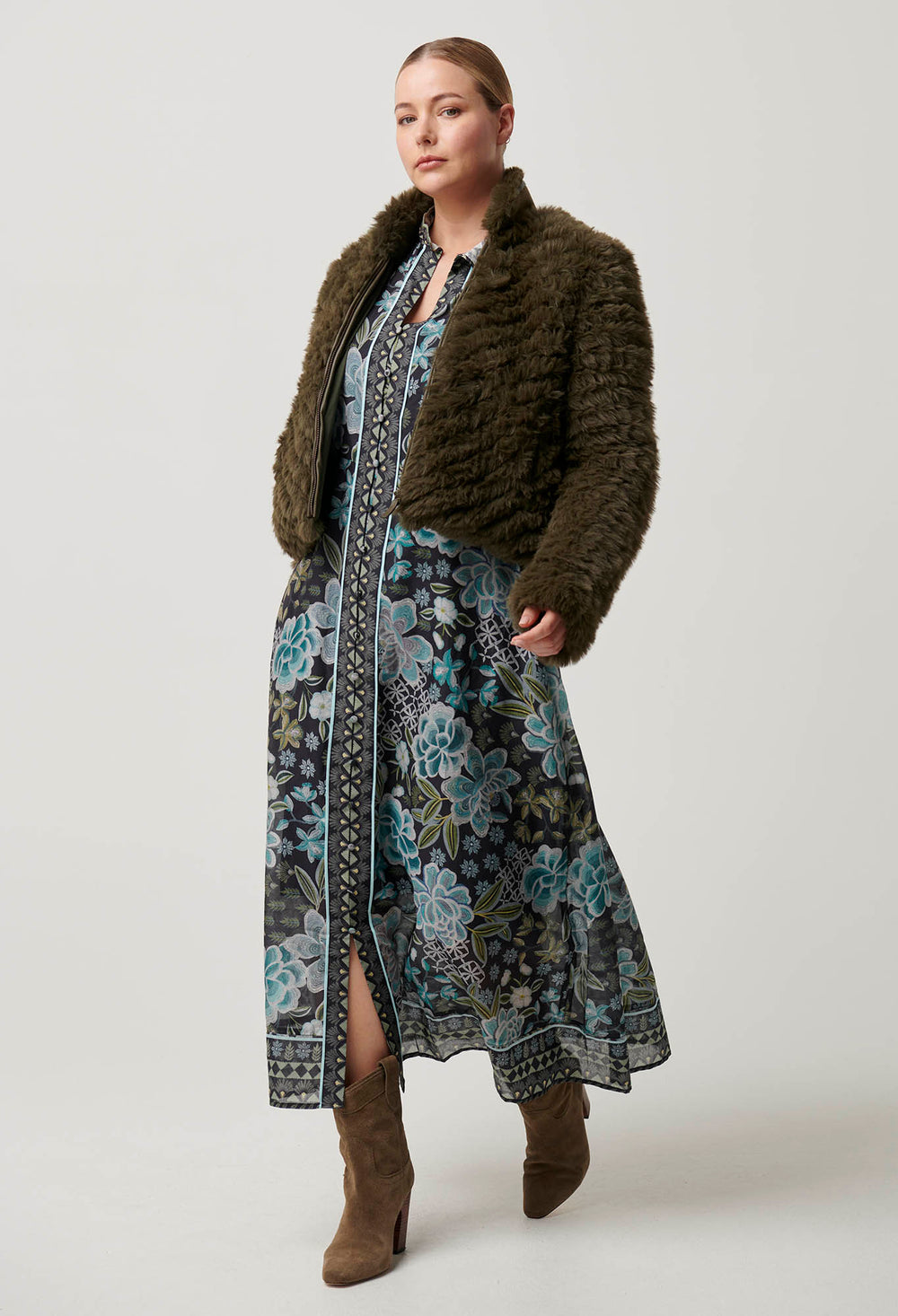 OnceWas Sybil Chevron Faux Fur Bomber in Moss