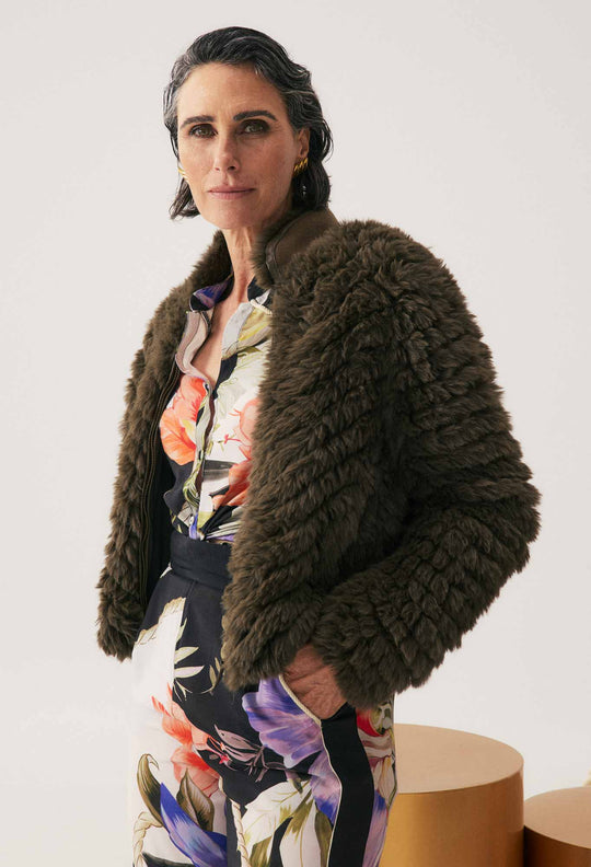 Sybil Chevron Faux Fur Bomber in Moss