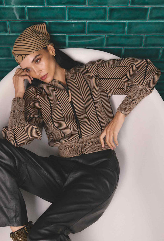 OnceWas Jeanne Wool Blend Textured Knit Bomber Jacket in Tan Chevron