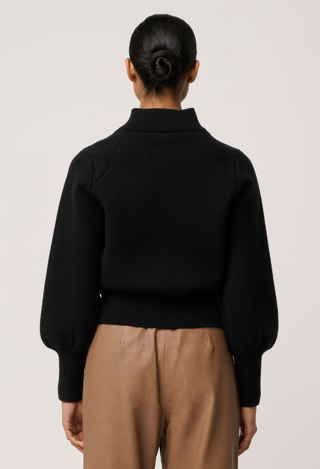 Jeanne Wool Blend Textured Knit Bomber Jacket in Black
