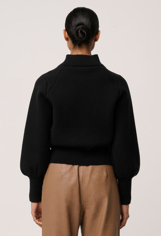 Jeanne Wool Blend Textured Knit Bomber Jacket in Black