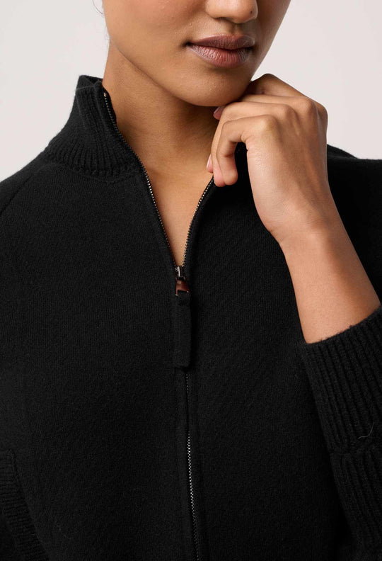 Jeanne Wool Blend Textured Knit Bomber Jacket in Black