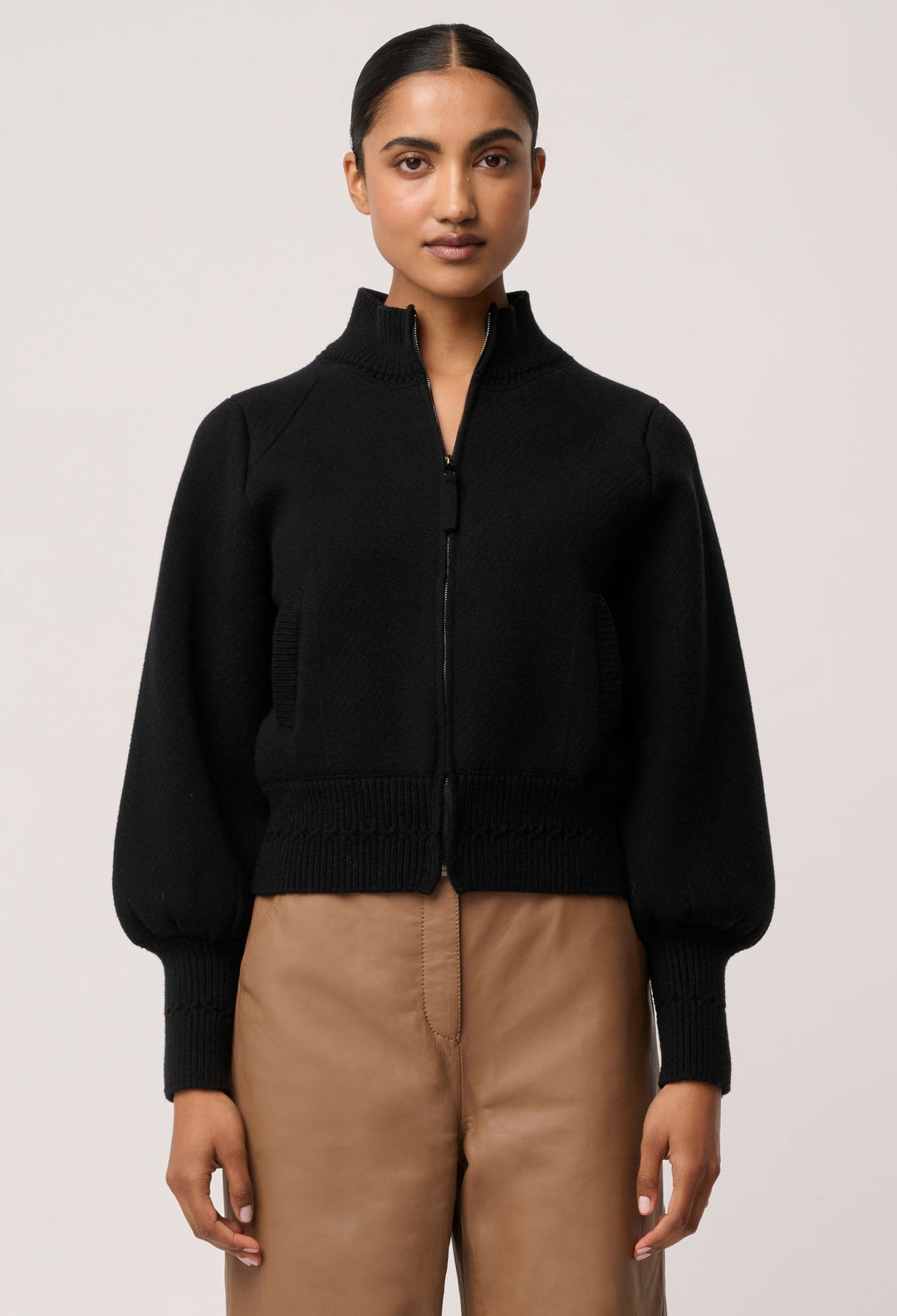 Jeanne Wool Blend Textured Knit Bomber Jacket in Black