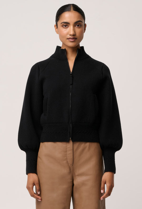 Jeanne Wool Blend Textured Knit Bomber Jacket in Black