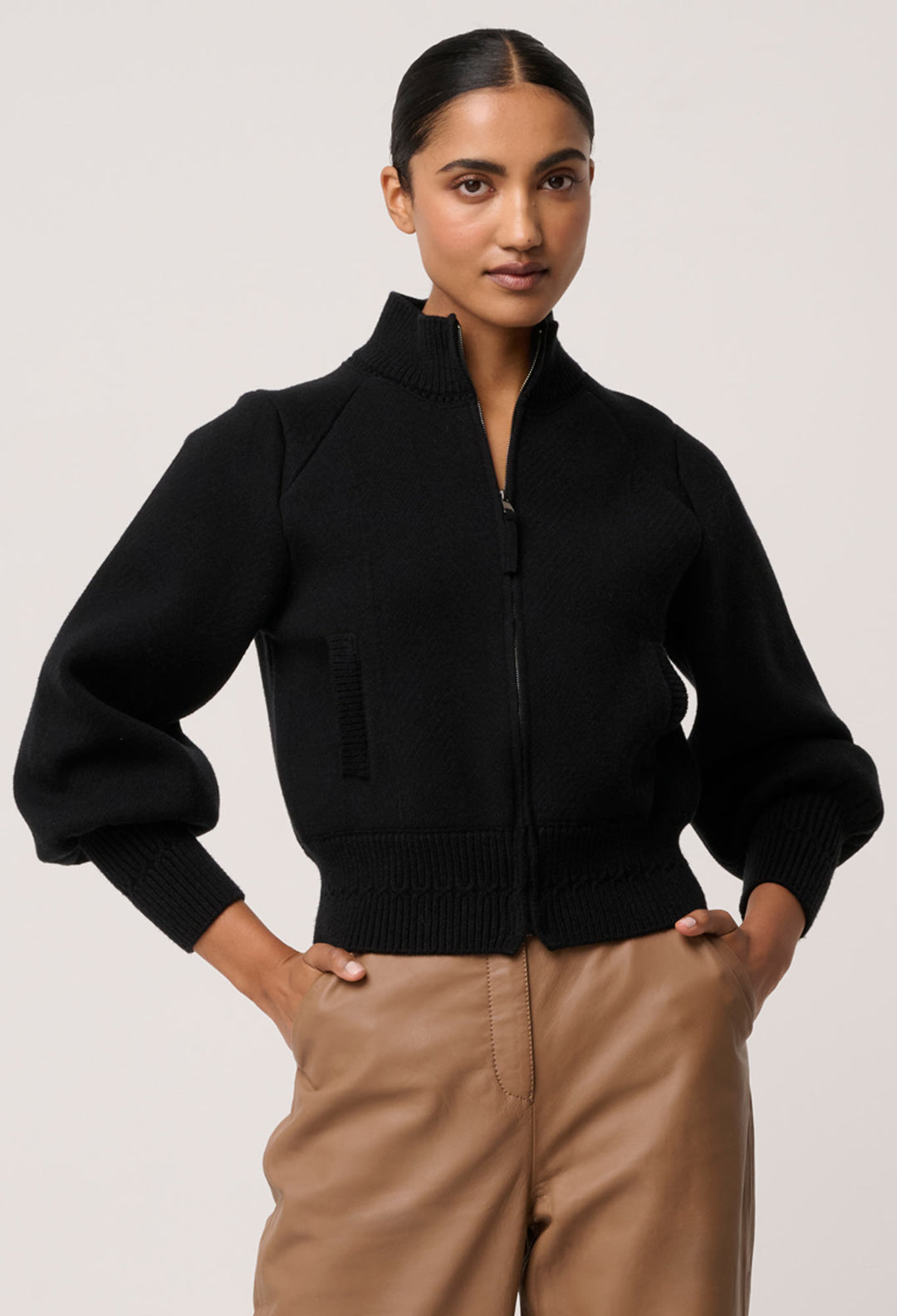 Jeanne Wool Blend Textured Knit Bomber Jacket in Black