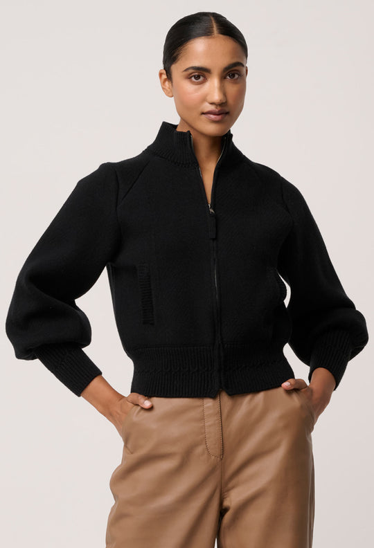 Jeanne Wool Blend Textured Knit Bomber Jacket in Black