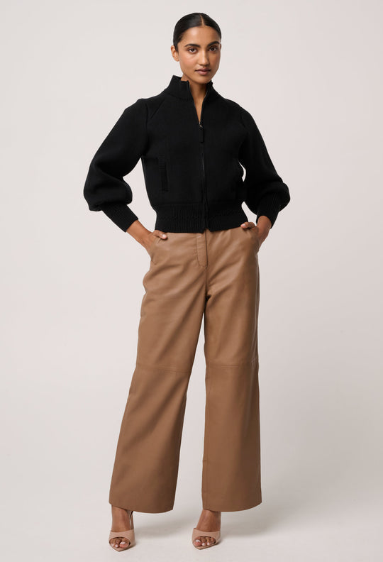 Jeanne Wool Blend Textured Knit Bomber Jacket in Black