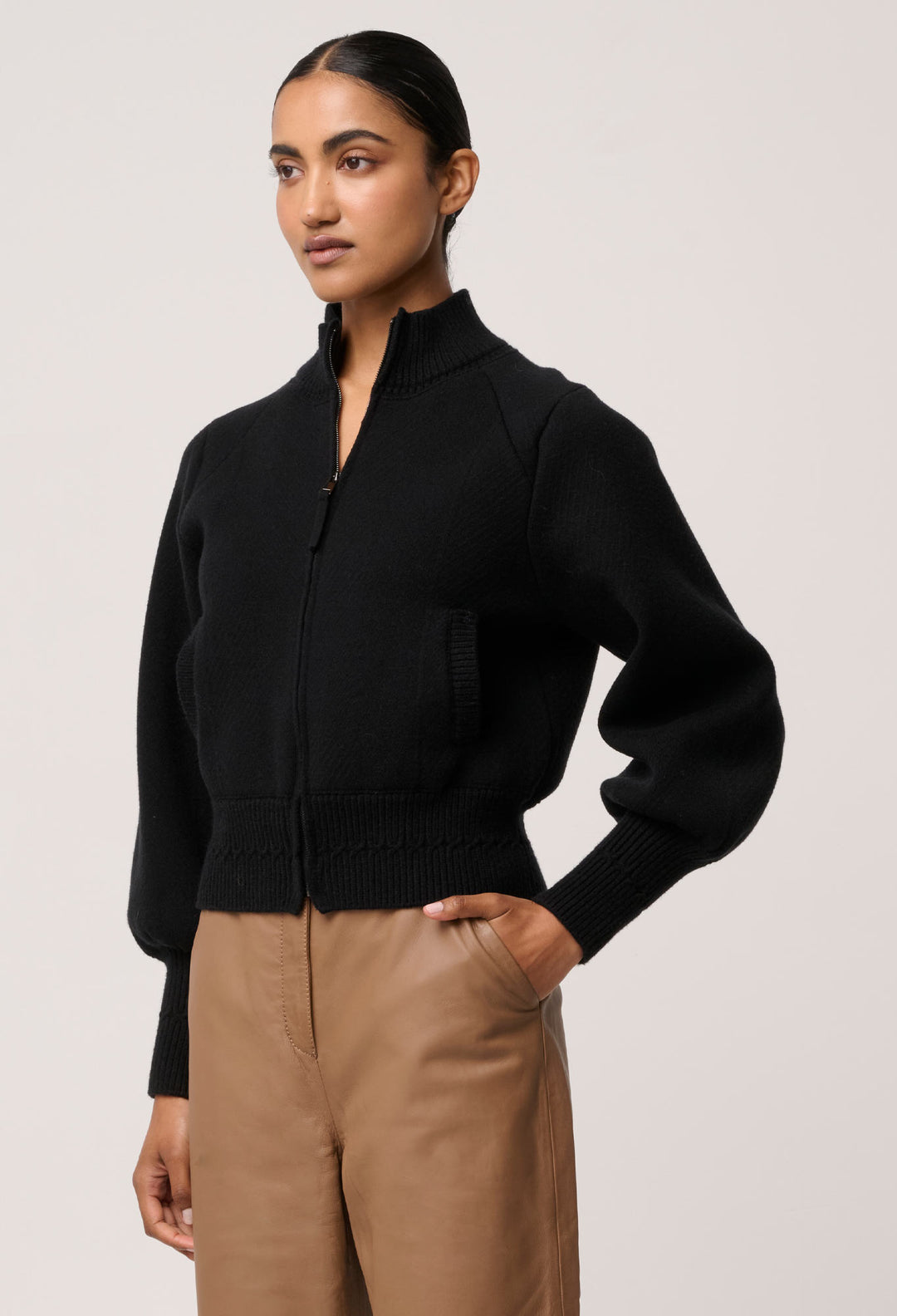 Jeanne Wool Blend Textured Knit Bomber Jacket in Black