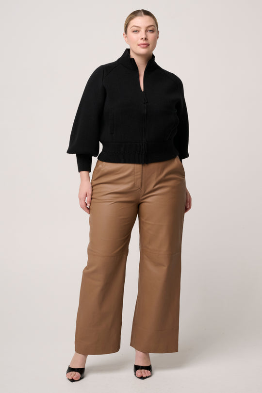 Jeanne Wool Blend Textured Knit Bomber Jacket in Black