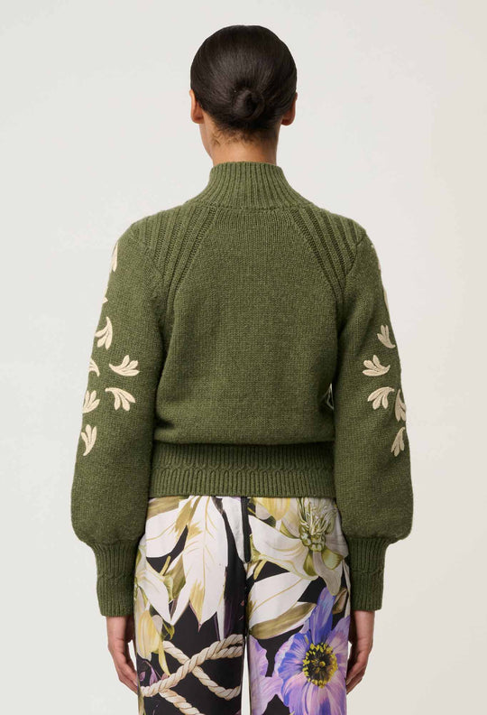 Carmela Embroidered Knitted Bomber in Oliva