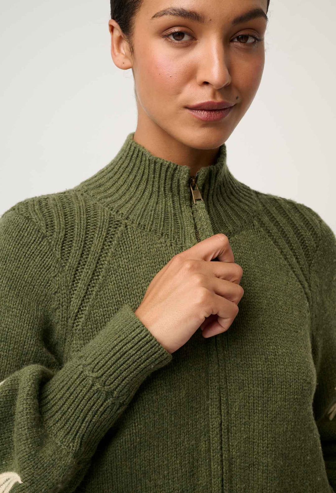 Carmela Embroidered Knitted Bomber in Oliva