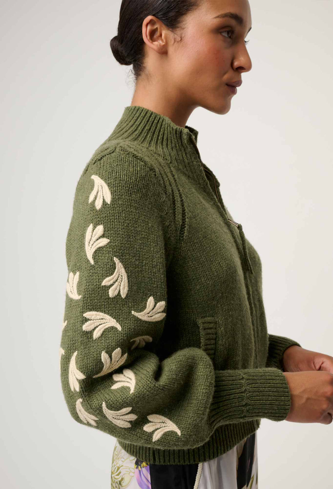 Carmela Embroidered Knitted Bomber in Oliva