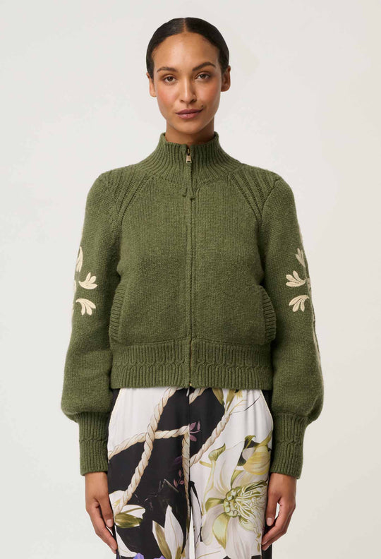 Carmela Embroidered Knitted Bomber in Oliva