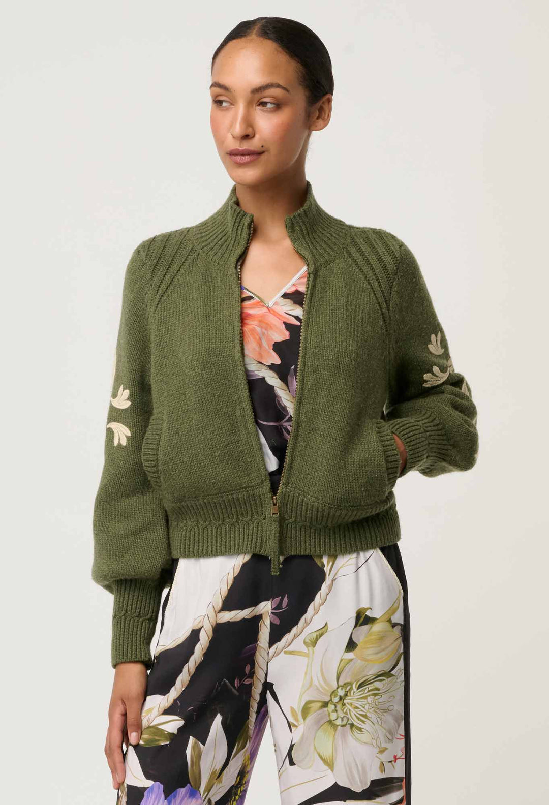 Carmela Embroidered Knitted Bomber in Oliva