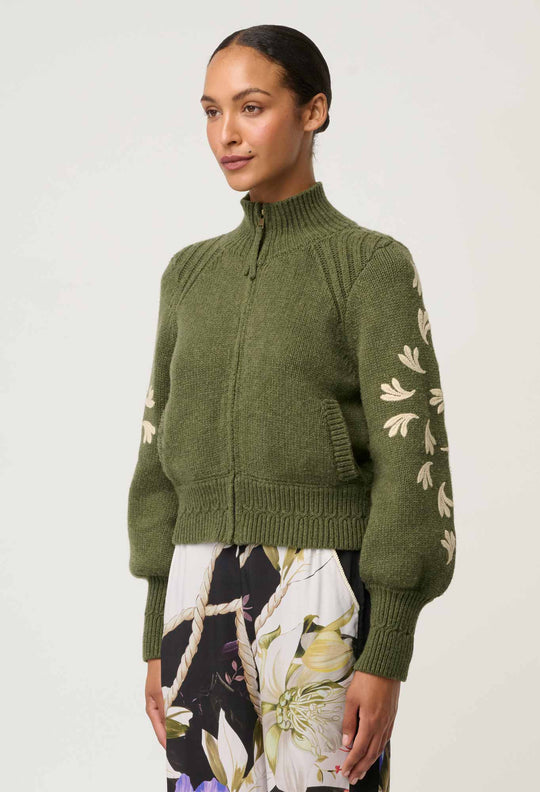 Carmela Embroidered Knitted Bomber in Oliva