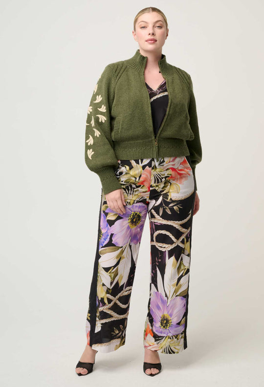 Carmela Embroidered Knitted Bomber in Oliva