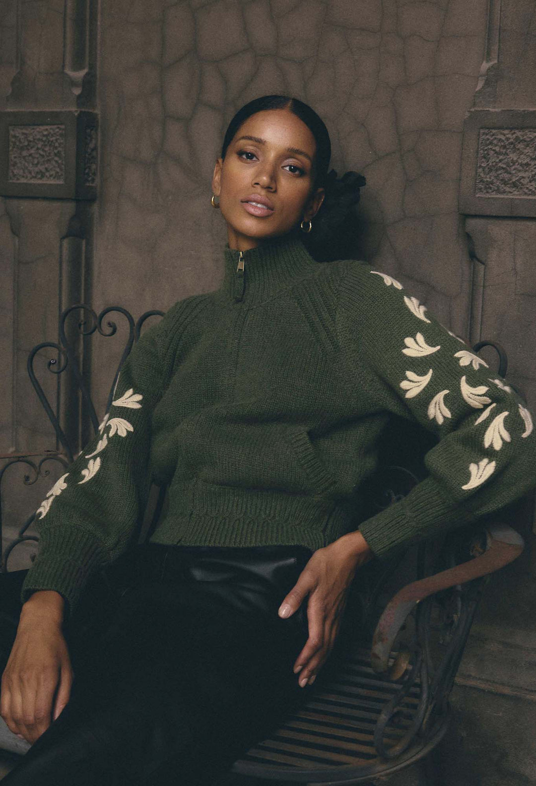 OnceWas Carmela Embroidered Knitted Bomber in Oliva