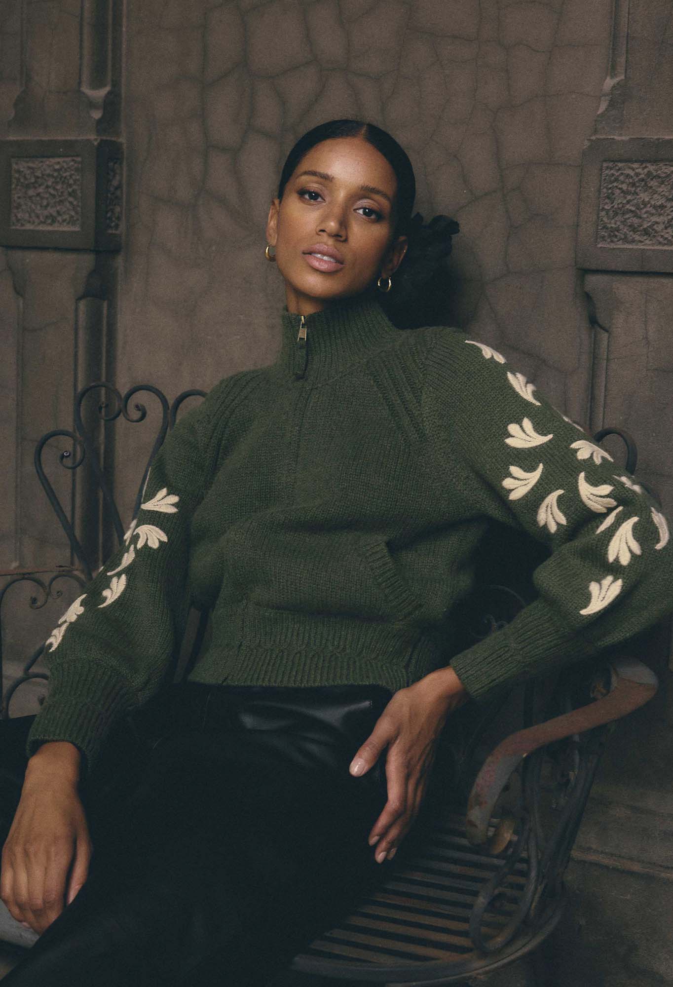 OnceWas Carmela Embroidered Knitted Bomber in Oliva
