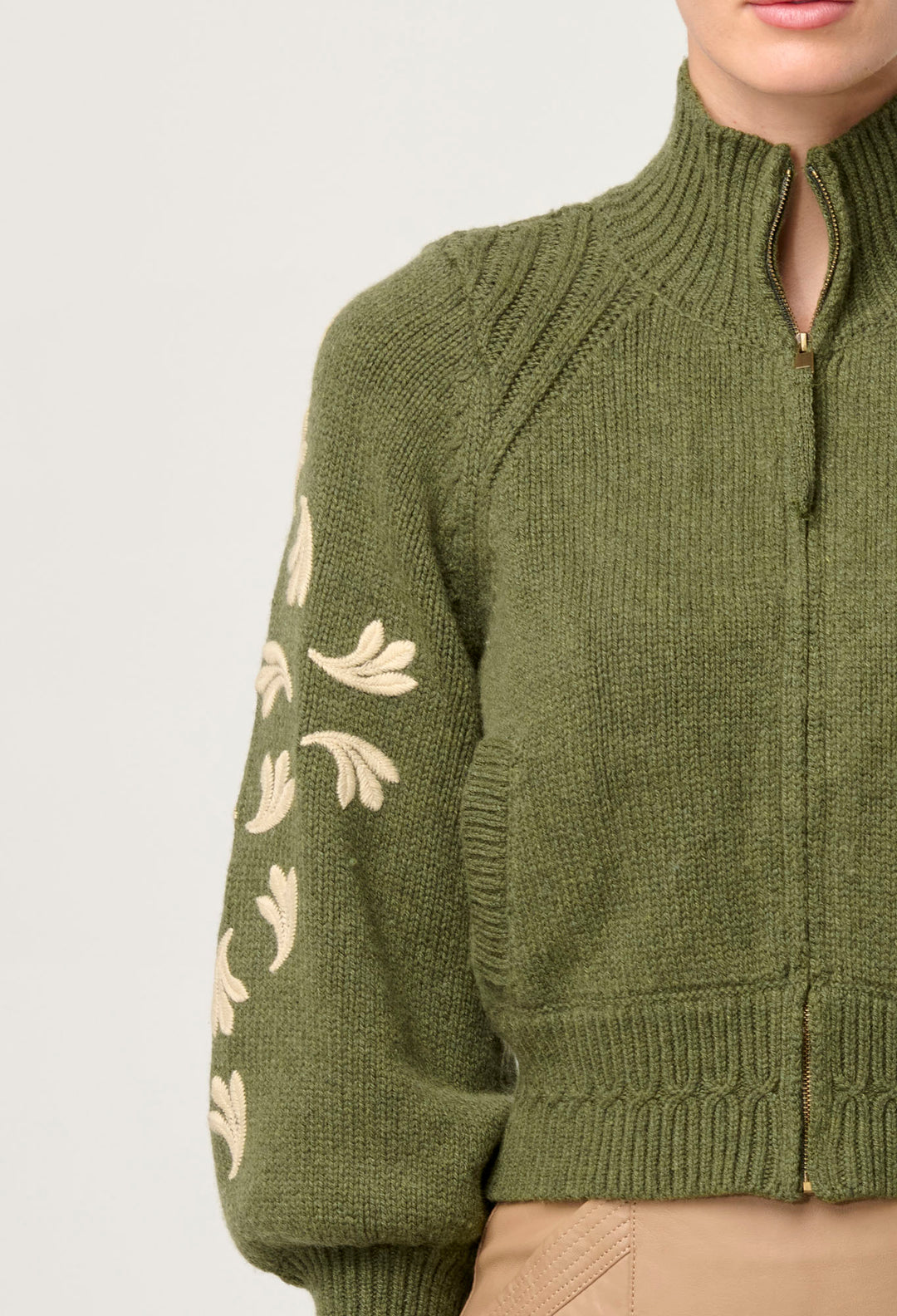 OnceWas Carmela Embroidered Knitted Bomber in Oliva