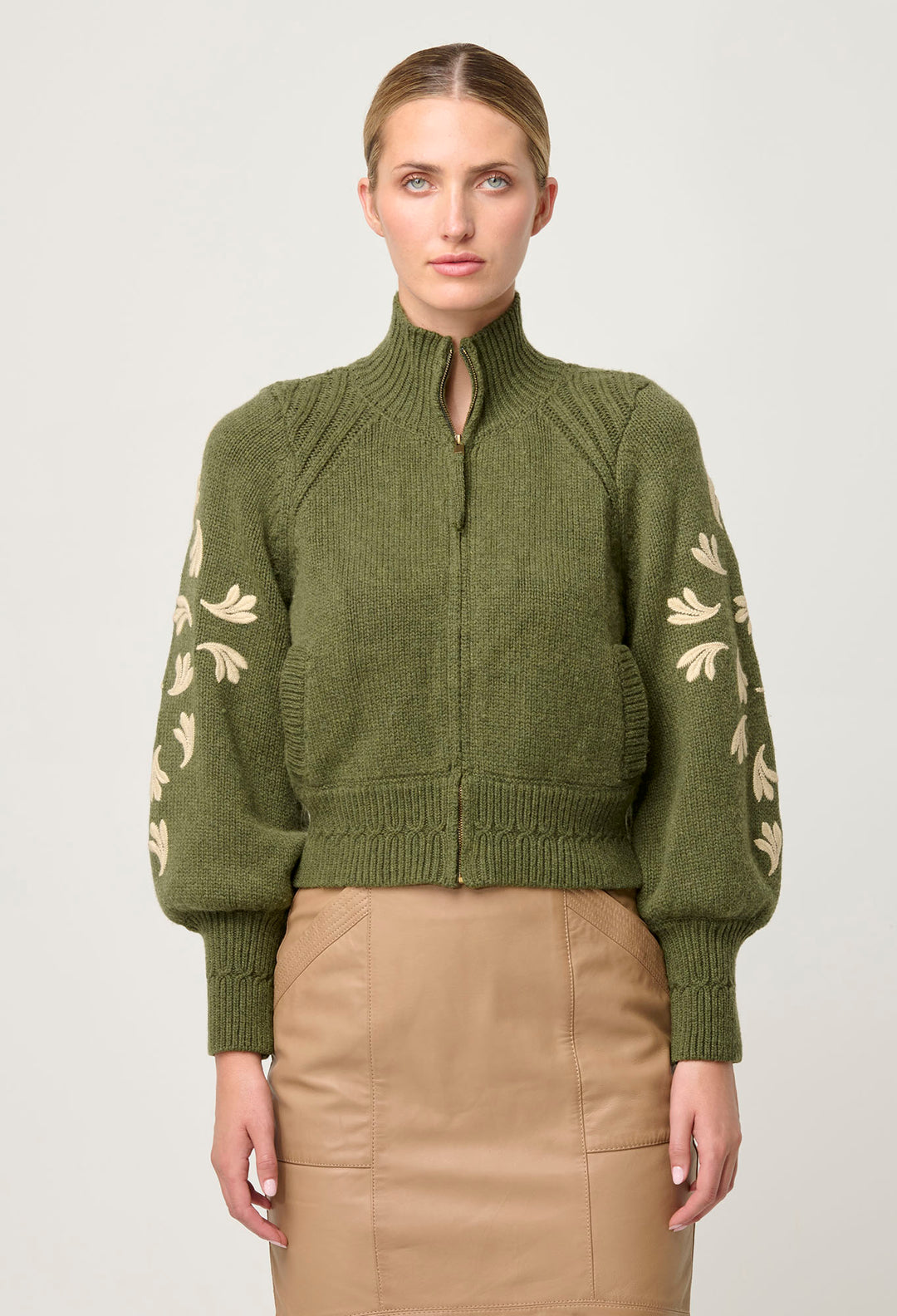 OnceWas Carmela Embroidered Knitted Bomber in Oliva