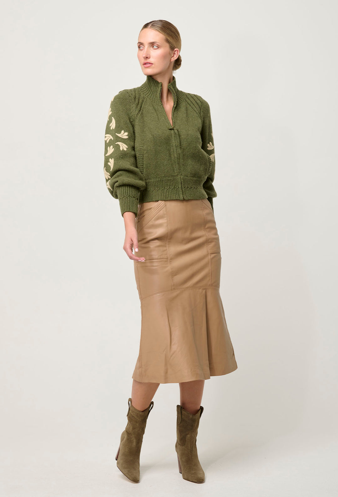 OnceWas Carmela Embroidered Knitted Bomber in Oliva