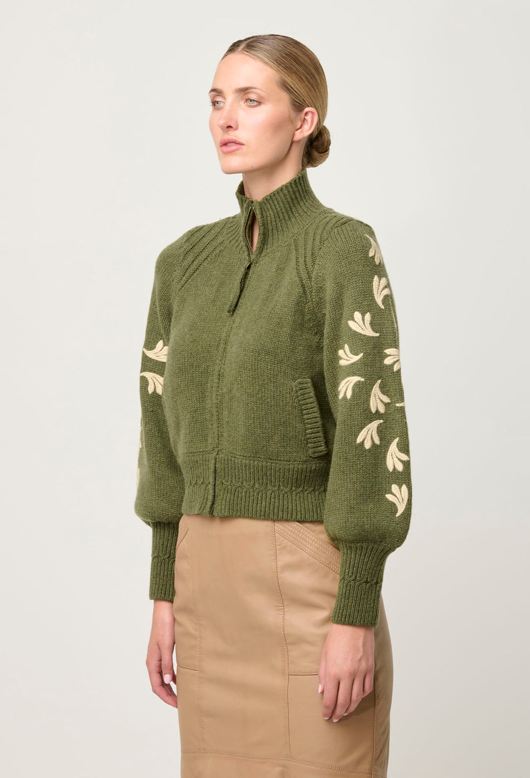 OnceWas Carmela Embroidered Knitted Bomber in Oliva