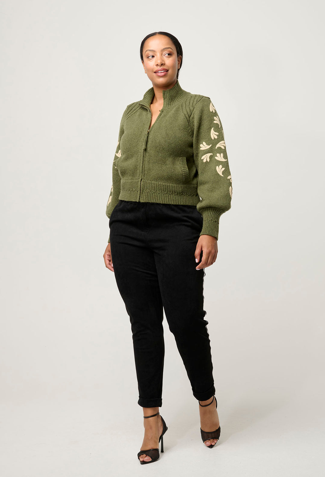 OnceWas Carmela Embroidered Knitted Bomber in Oliva