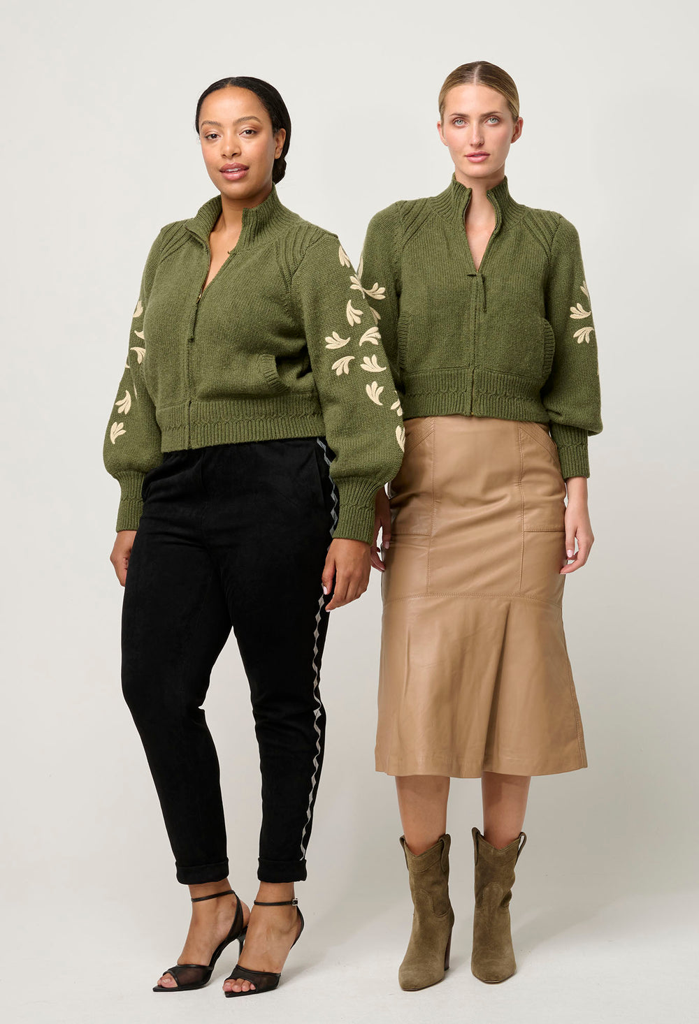 OnceWas Carmela Embroidered Knitted Bomber in Oliva
