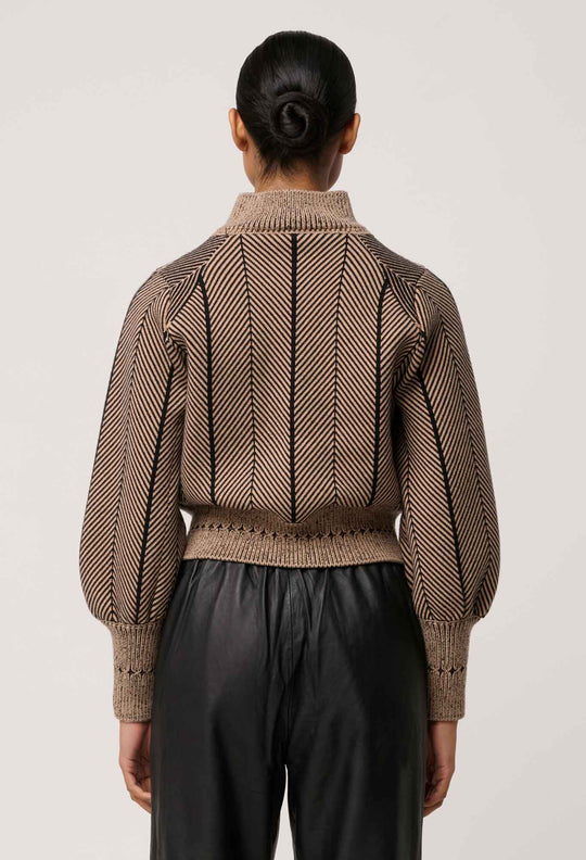 OnceWas Jeanne Wool Blend Textured Knit Bomber Jacket in Tan Chevron