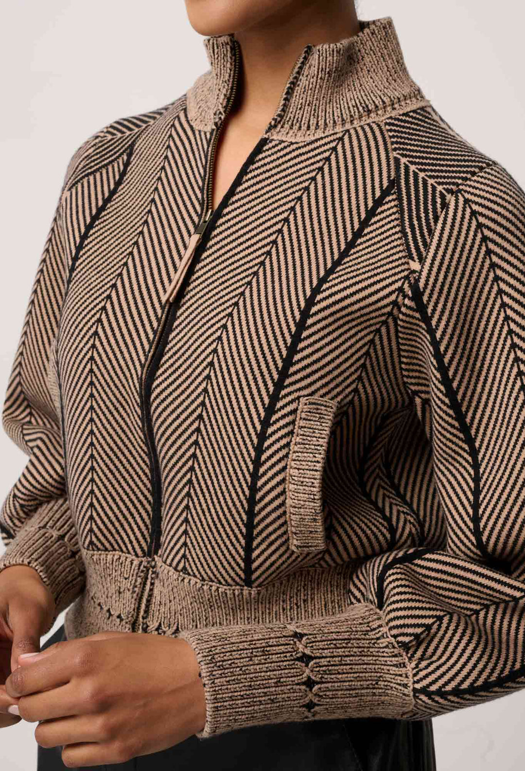 OnceWas Jeanne Wool Blend Textured Knit Bomber Jacket in Tan Chevron