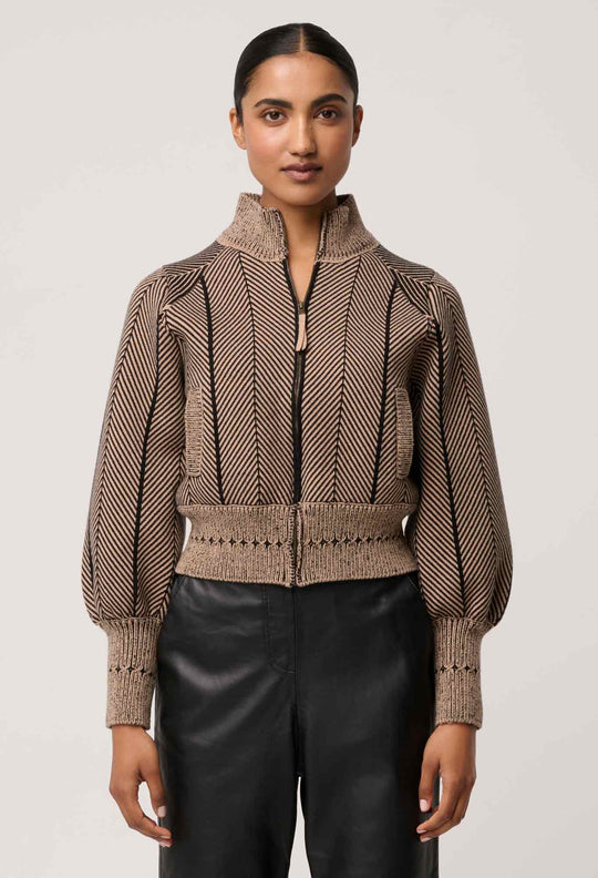 OnceWas Jeanne Wool Blend Textured Knit Bomber Jacket in Tan Chevron