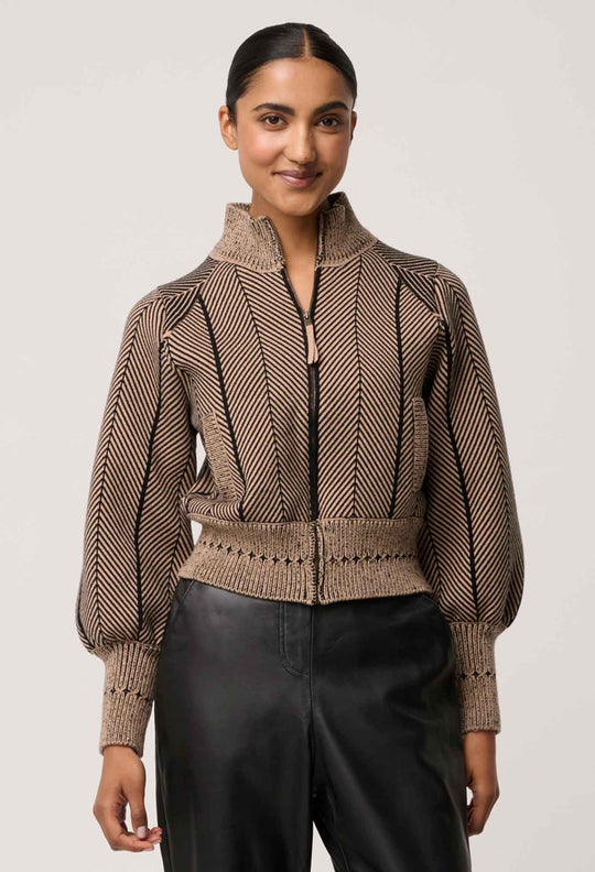 OnceWas Jeanne Wool Blend Textured Knit Bomber Jacket in Tan Chevron