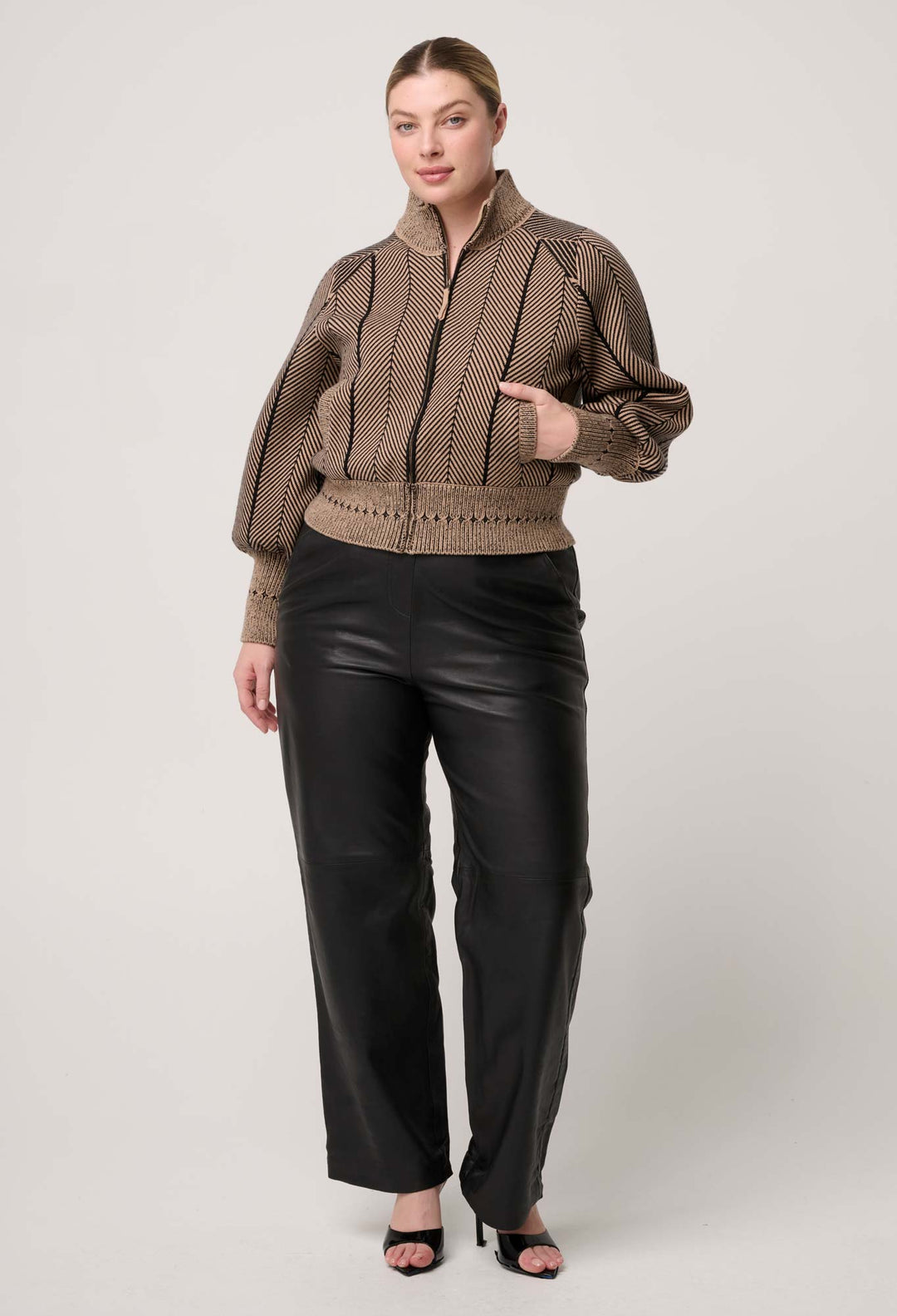 OnceWas Jeanne Wool Blend Textured Knit Bomber Jacket in Tan Chevron