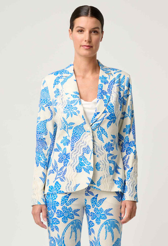 OnceWas Leandro Contrast Lace Linen Viscose Stretch Blazer in Azure Mosaic