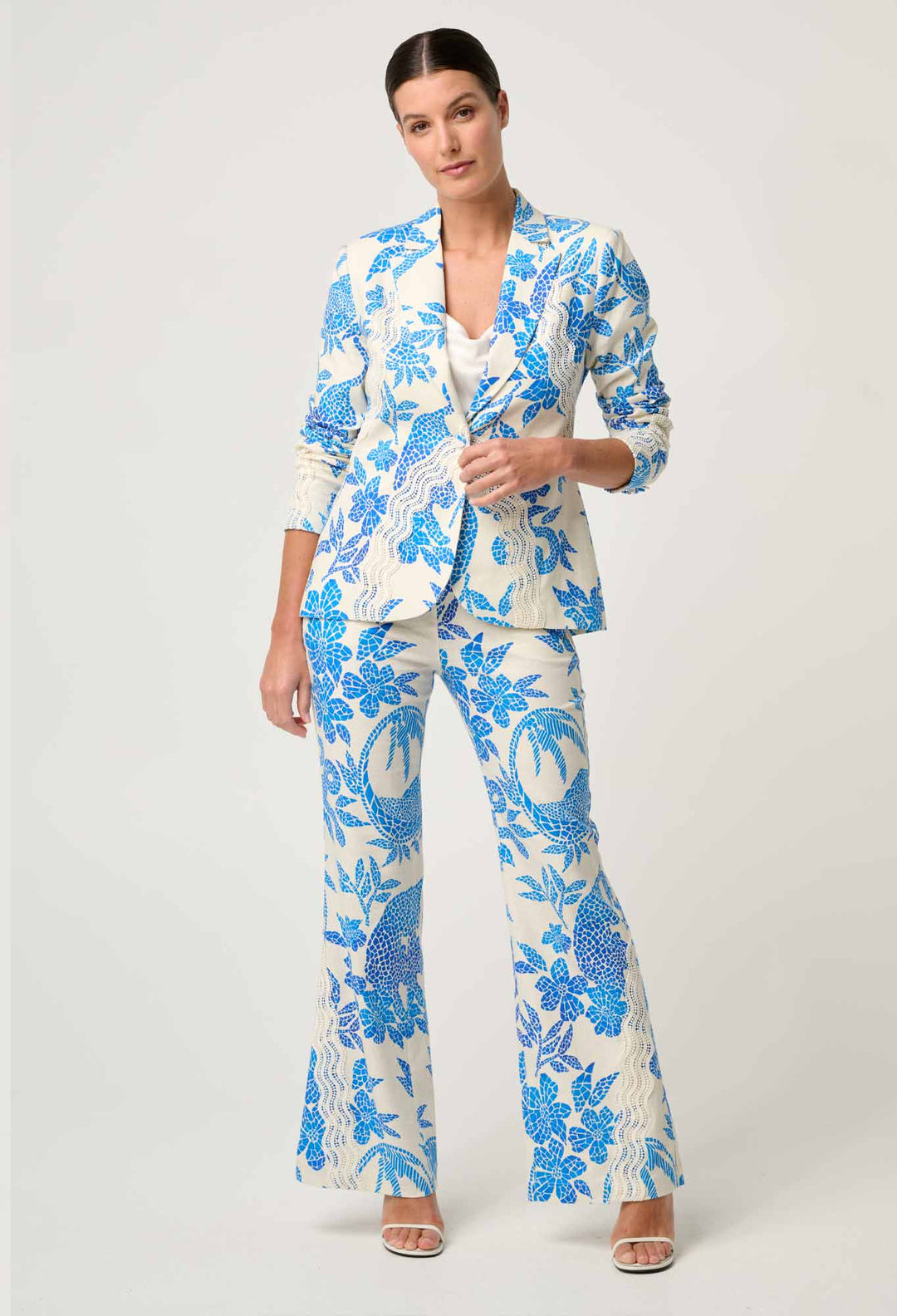 OnceWas Leandro Contrast Lace Linen Viscose Stretch Blazer in Azure Mosaic