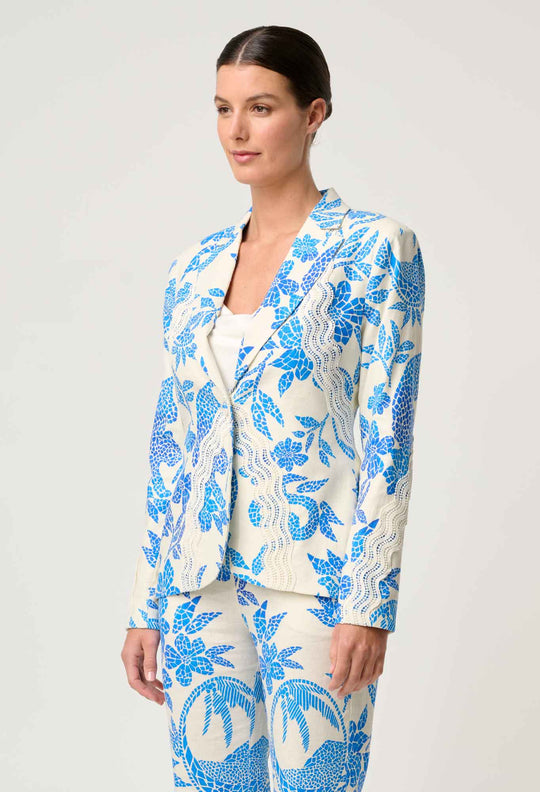 OnceWas Leandro Contrast Lace Linen Viscose Stretch Blazer in Azure Mosaic