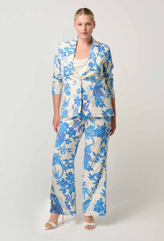 OnceWas Leandro Contrast Lace Linen Viscose Stretch Blazer in Azure Mosaic