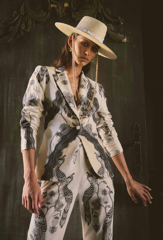 Leandro Contrast Lace Linen Viscose Stretch Blazer in Imperial Stone