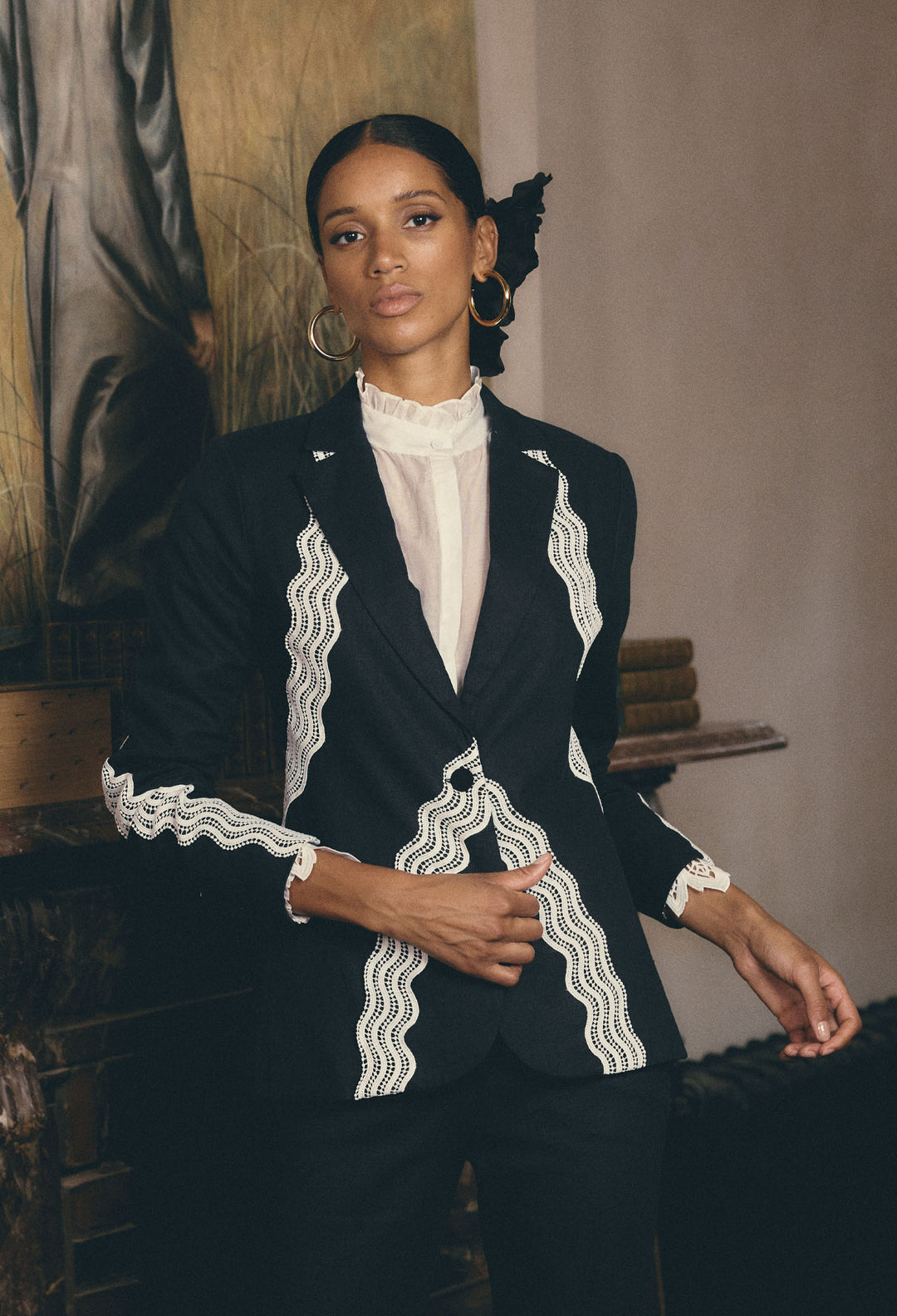OnceWas Leandro Lace Viscose Stretch Blazer in Night Sky