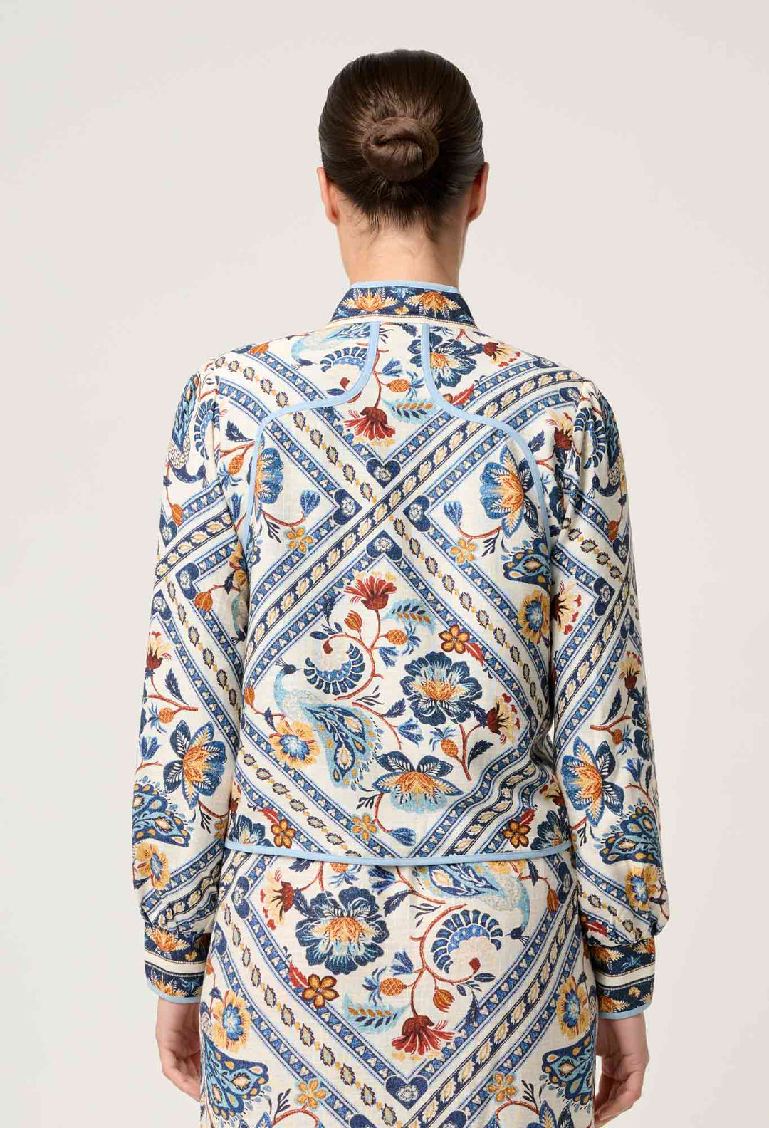 OnceWas Aurora Reversible Viscose & Tencel Fringe Jacket in Petinos Floros / Blue Ash